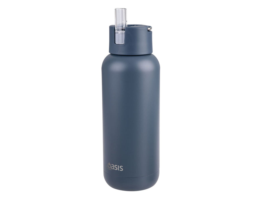 Oasis Moda 1L Vacuum Bottle - A drink bottle in a matte dark grey colour, featuring a straw lid and a logo.