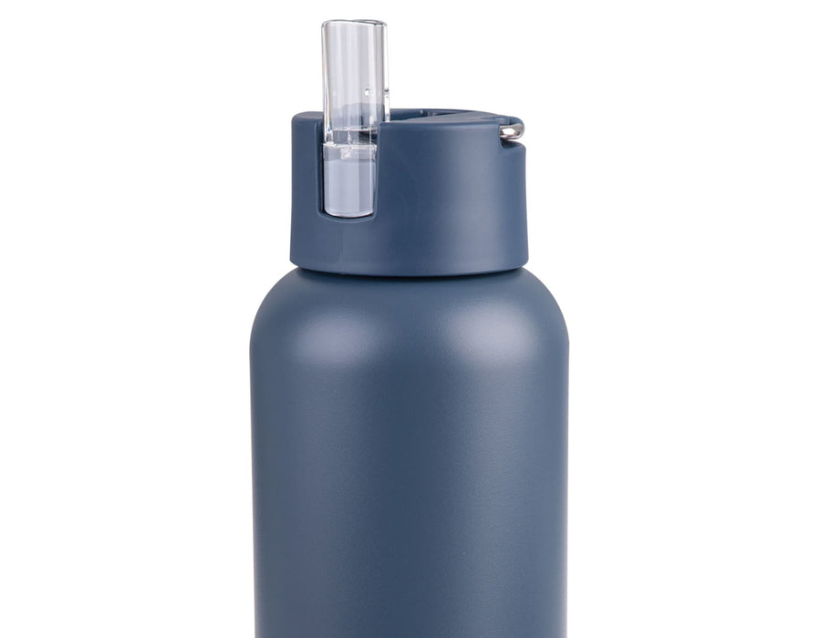 Oasis Moda 1L Vacuum Bottle - A drink bottle in matte dark blue with a clear straw lid and a metal loop for carrying. It features a logo.