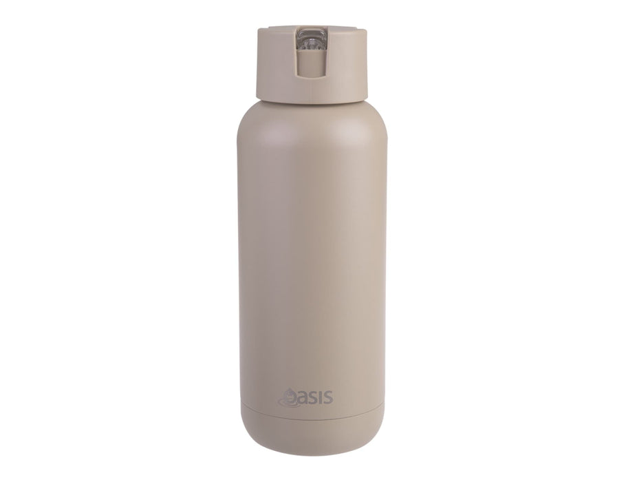 Oasis Moda 1L Vacuum Bottle - A drink bottle in a light beige colour with a secure flip-top lid and a small spout, featuring a logo.