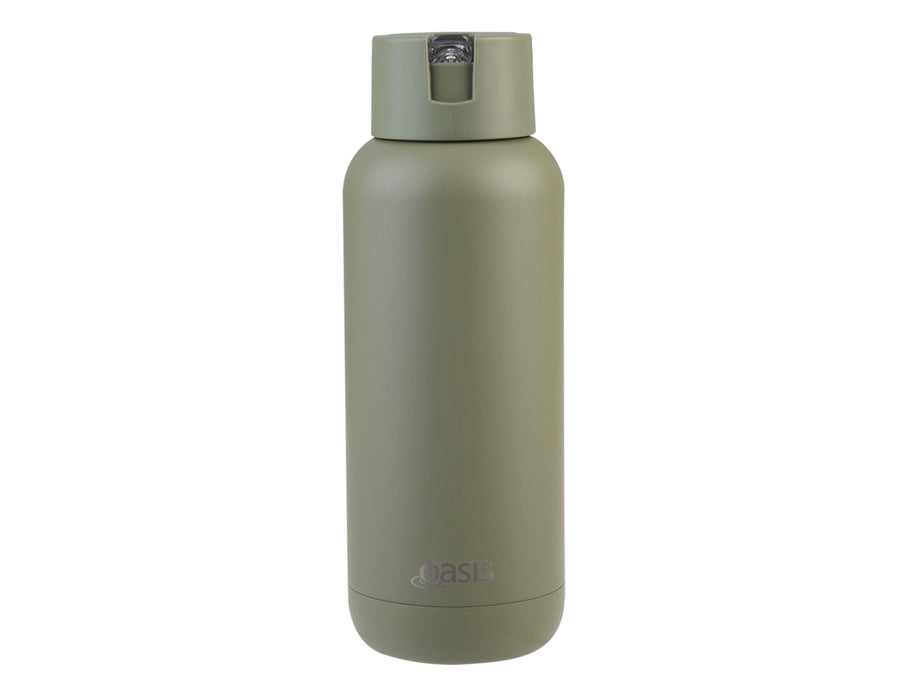 Oasis Moda 1L Vacuum Bottle - A drink bottle in matte olive green with a screw-top lid and a logo on the front.