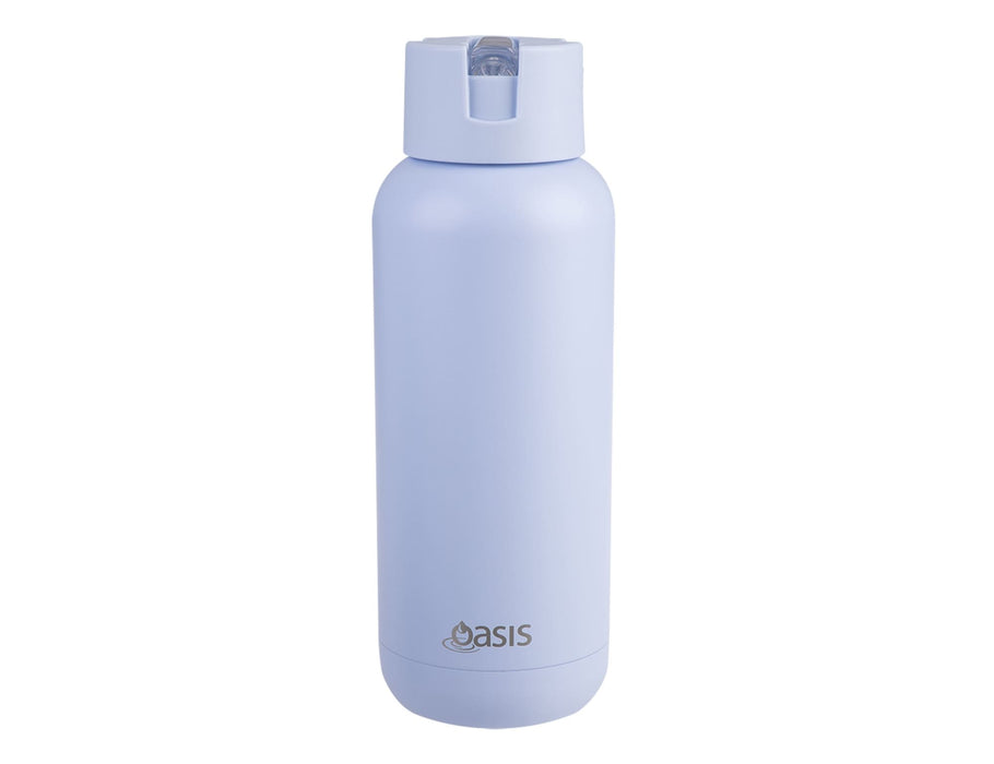 Oasis Moda 1L Vacuum Bottle - A drink bottle in light blue with a logo at the bottom. It features a secure lid and a sleek design.