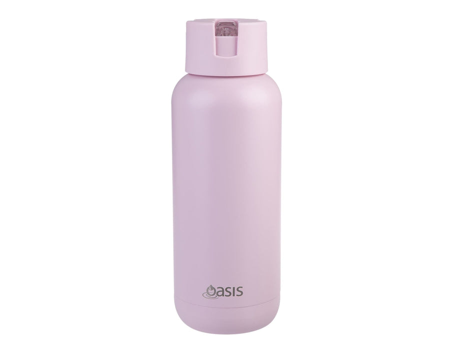 Oasis Moda 1L Vacuum Bottle - A drink bottle in pastel pink with a secure cap and a logo near the base.