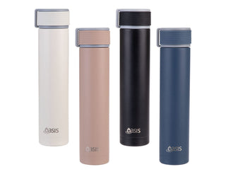Oasis 250ml Insulated "Skinny Mini" Drink Bottle - A drink bottle featuring four colours: white, beige, black, and navy, with an insulated "Skinny Mini" design and a logo.