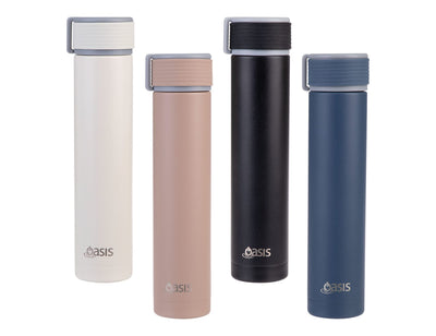 Oasis 250ml Insulated "Skinny Mini" Drink Bottle - A drink bottle featuring four colours: white, beige, black, and navy, with an insulated "Skinny Mini" design and a logo.