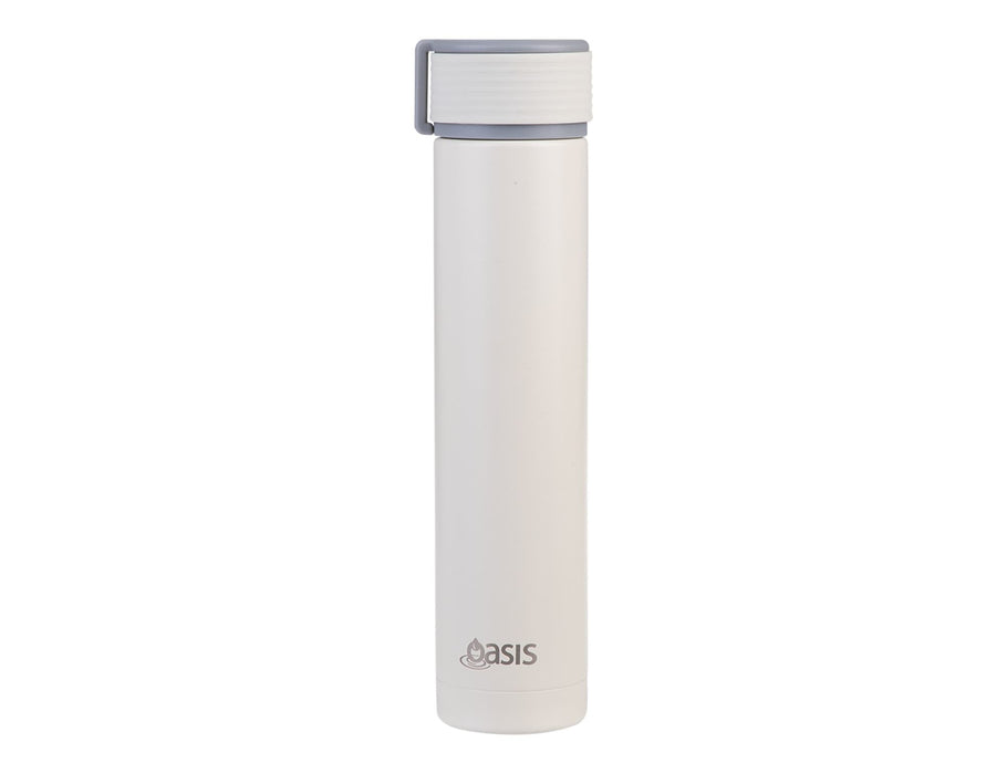 Oasis 250ml Insulated "Skinny Mini" Drink Bottle - A drink bottle in white with a grey lid and a logo. It features an insulated, slim design for easy handling.