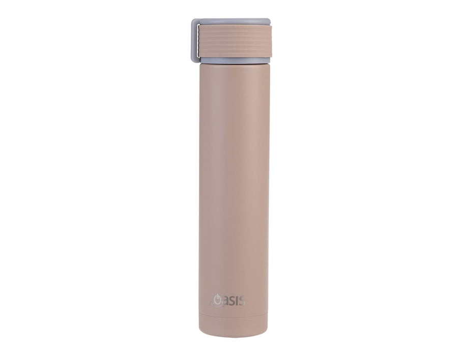 Oasis 250ml Insulated "Skinny Mini" Drink Bottle - A drink bottle in a light brown shade, featuring a sleek design and a silver cap. It has a branding logo.