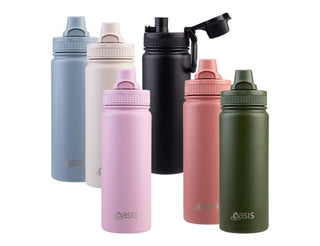 Oasis Challenger 550ml Vacuum Quick Release Cap Bottle - A drink bottle collection featuring six colours: light blue, white, pink, black, terracotta, and green, each with a cap and logo.