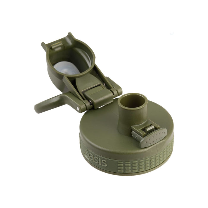 Oasis Challenger 550ml Vacuum Quick Release Cap Bottle - A drink bottle cap in olive green with a quick-release mechanism and a slight textured grip. It features a logo.