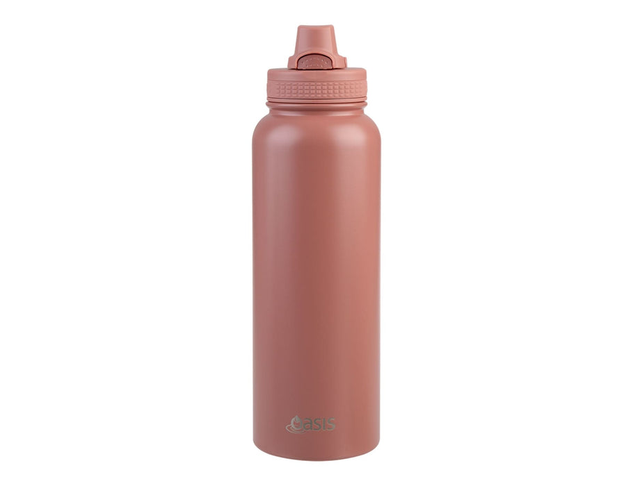 Oasis Challenger 1.1L Vacuum Quick Release Cap Bottle - A drink bottle in a matte pink colour with a quick release cap and logo on the side.