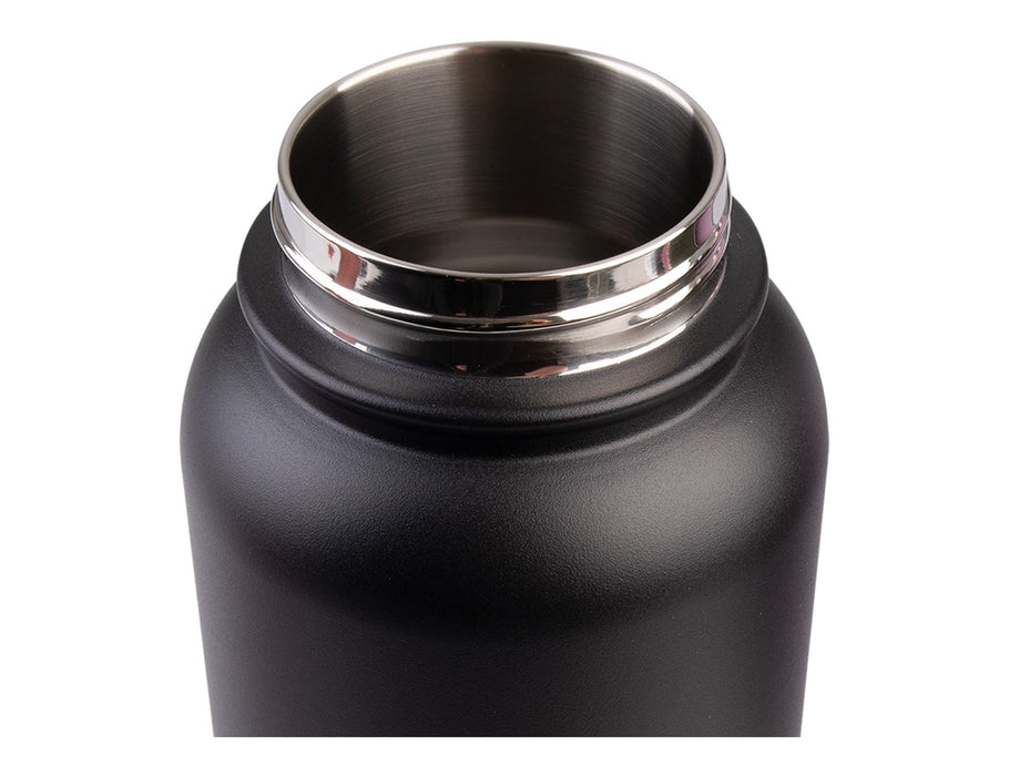 Oasis Challenger 1.1L Vacuum Quick Release Cap Bottle - A drink bottle with a black matte finish and a stainless steel rim around the opening. Features a logo.