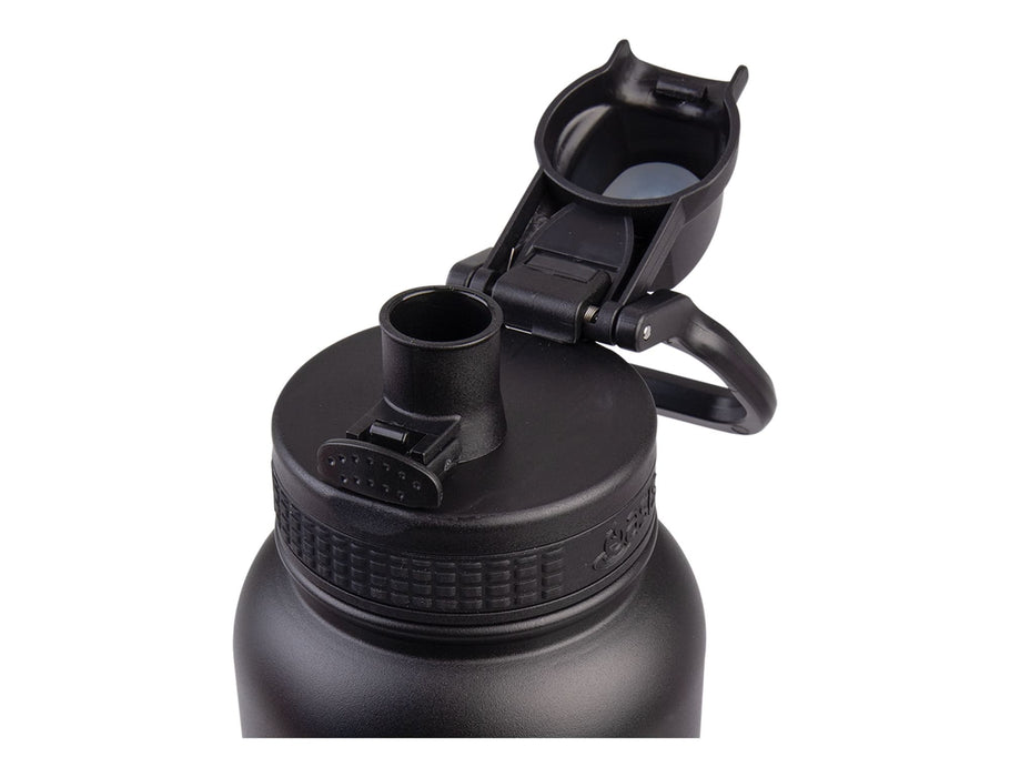 Oasis Challenger 1.1L Vacuum Quick Release Cap Bottle - A drink bottle with a black finish features a quick release cap and a handle for easy transport.