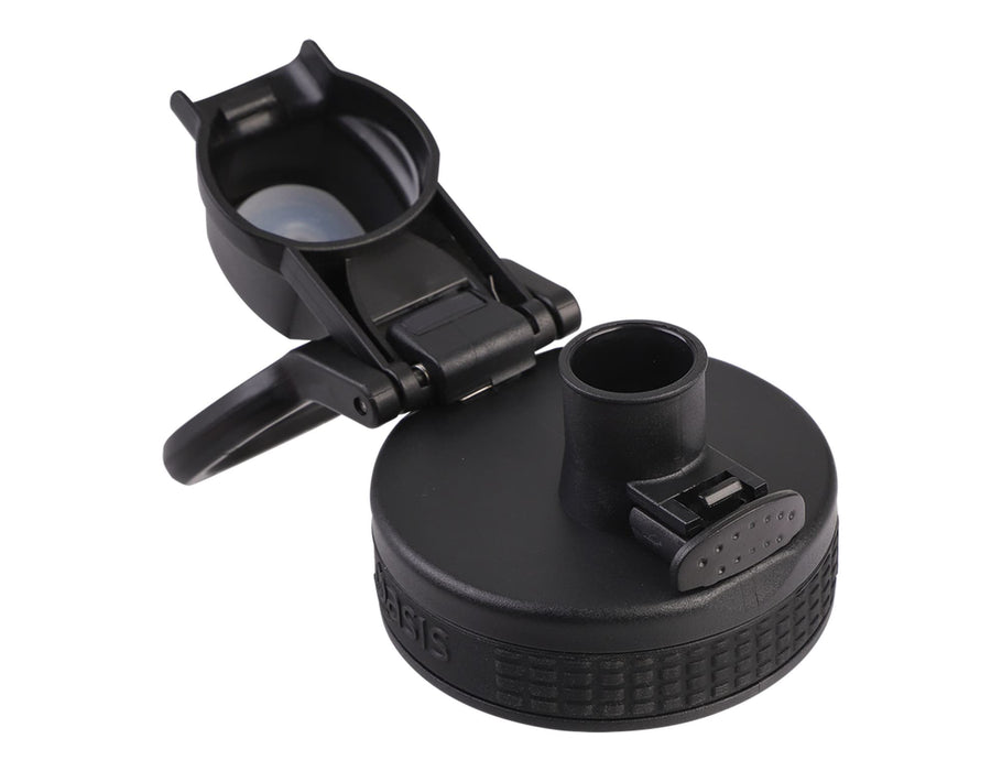 Oasis Challenger 1.1L Vacuum Quick Release Cap Bottle - A drink bottle cap in black with a quick release feature, designed for a vacuum-sealed container.