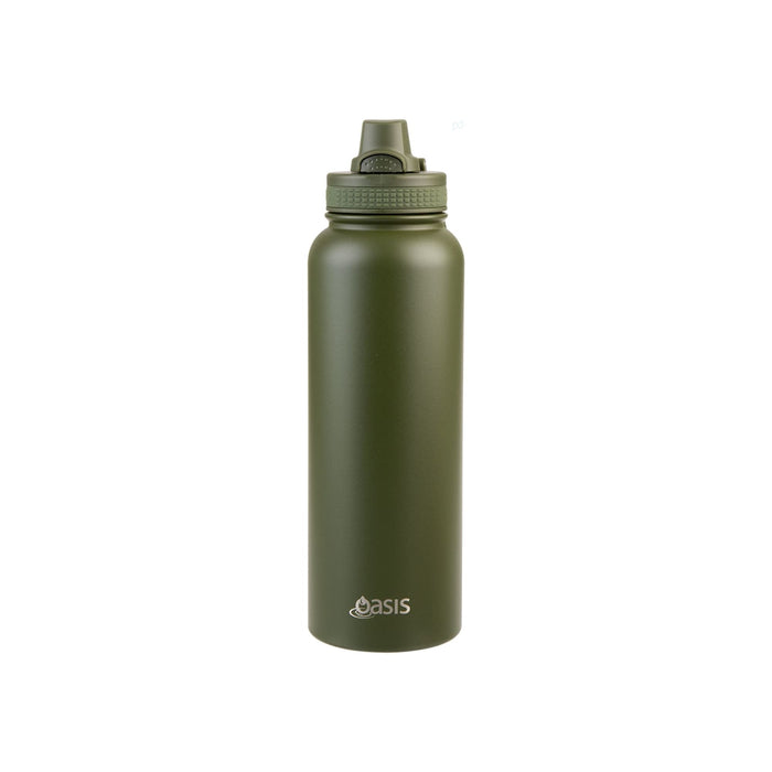 Oasis Challenger 1.1L Vacuum Quick Release Cap Bottle - A drink bottle in olive green with a quick release cap and a branding logo on the side.