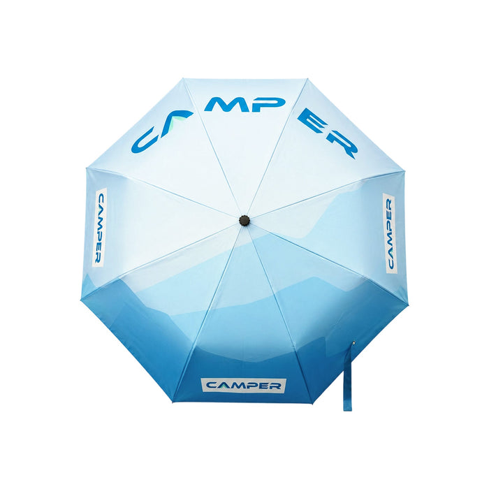 Anti-rebound Folding Umbrella - An anti-rebound folding umbrella in shades of blue with a logo and a curved design.