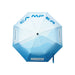 21'' Anti-rebound Folding Umbrella - An anti-rebound folding umbrella in shades of blue with a logo and a curved design.