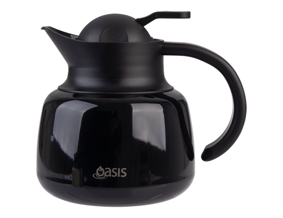 Oasis 750ml Insulated Teapot with Strainer - A drink bottle in a sleek black design, featuring a handle and a lid, complete with a strainer and branding.