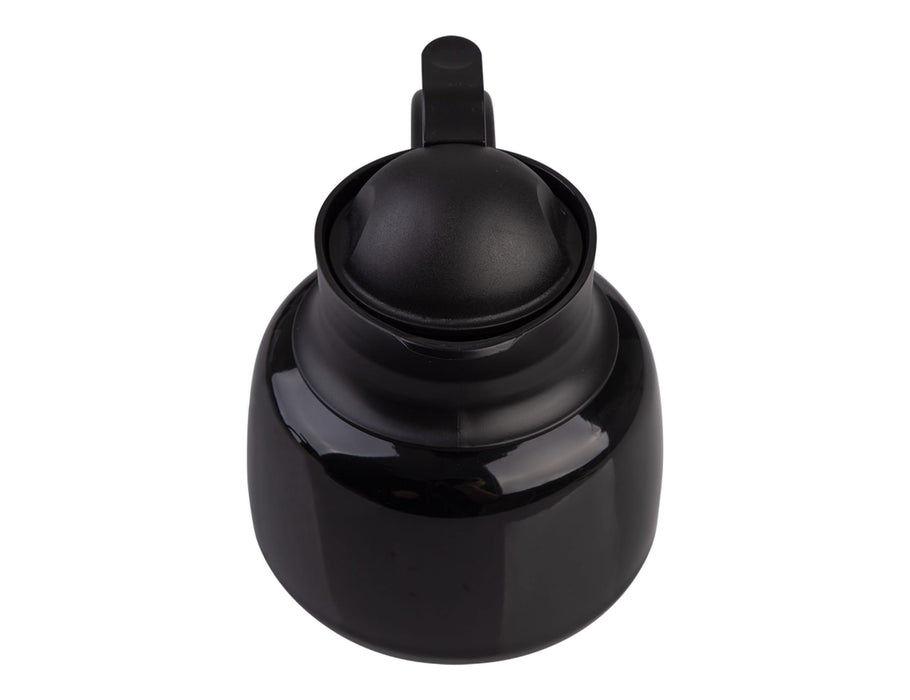Oasis 750ml Insulated Teapot with Strainer - A black insulated teapot with a strainer and a secure lid, featuring a sleek, rounded design. It has a logo.