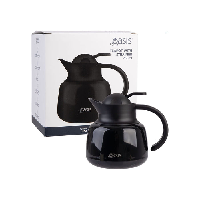 Oasis 750ml Insulated Teapot with Strainer - A black insulated teapot with a strainer, displaying a sleek design, alongside its packaging.
