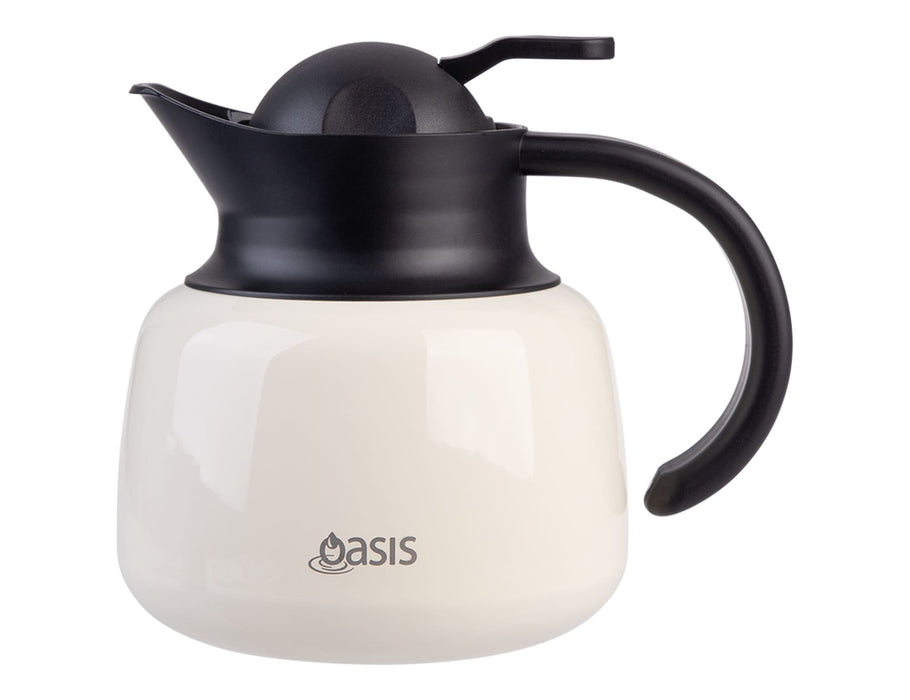 Oasis 750ml Insulated Teapot with Strainer - An insulated teapot in cream and black, featuring a strainer and a handle, with a logo on the front.