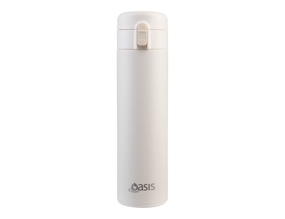 Oasis 480ml Insulated Flip-Top Flask - A drink bottle in a sleek design, featuring a white insulated body and a flip-top lid. It has a logo.