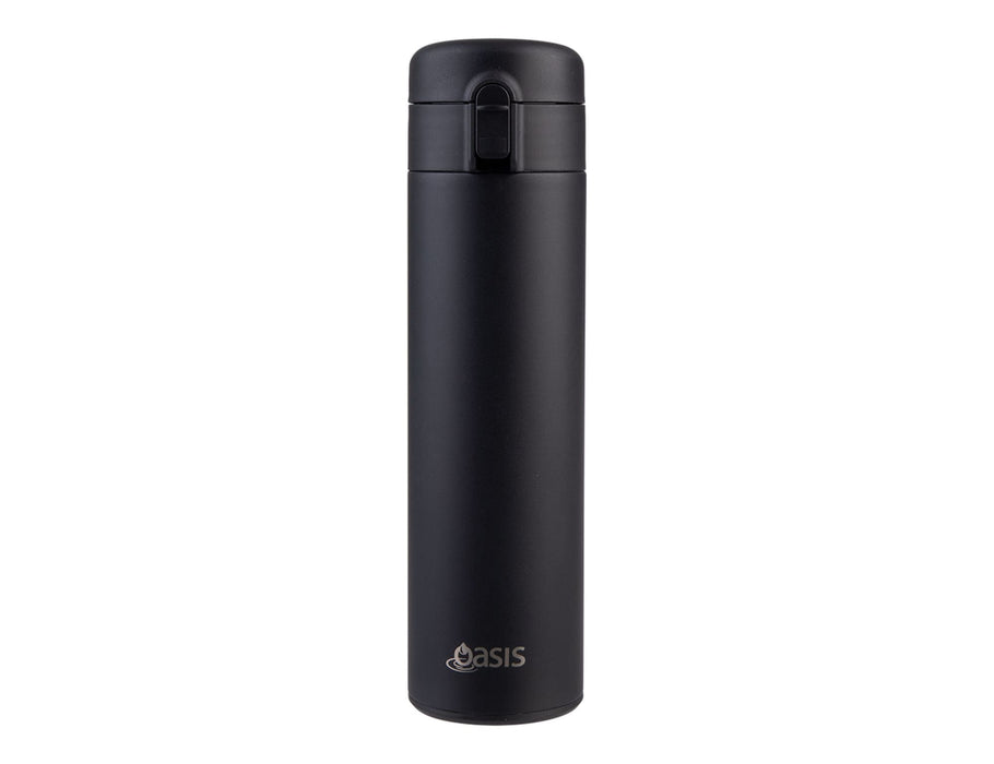 Oasis 480ml Insulated Flip-Top Flask - A drink bottle, black insulated flip-top flask with a sleek design and a logo on the front.