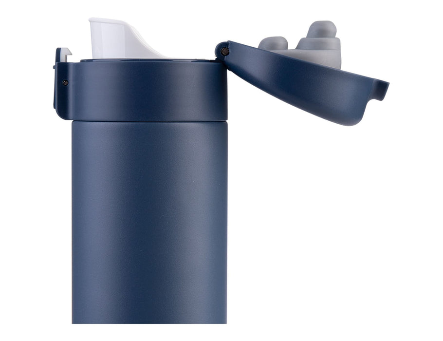 Oasis 480ml Insulated Flip-Top Flask - A drink bottle in navy blue with a flip-top lid and a grey cap. It features a logo on the body.