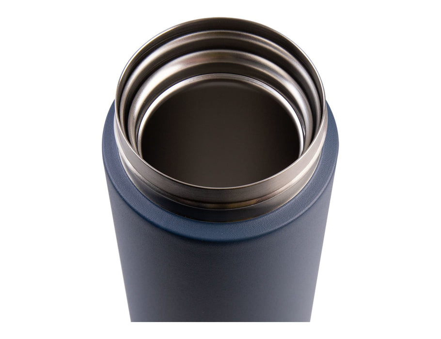 Oasis 480ml Insulated Flip-Top Flask - A drink bottle in navy blue with a stainless steel interior and a wide flip-top opening. Features a logo.