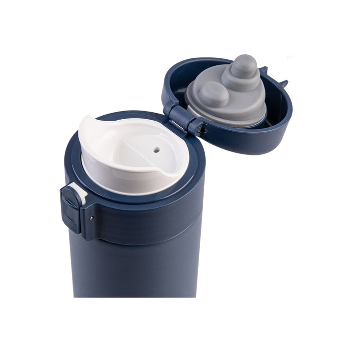 Oasis 480ml Insulated Flip-Top Flask - A drink bottle featuring a navy insulated body and a flip-top lid with a grey silicone insert. It has a logo on the side.