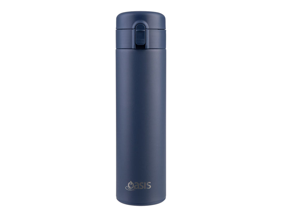 Oasis 480ml Insulated Flip-Top Flask - A drink bottle with a sleek navy blue finish and a flip-top lid, featuring a logo on the front.