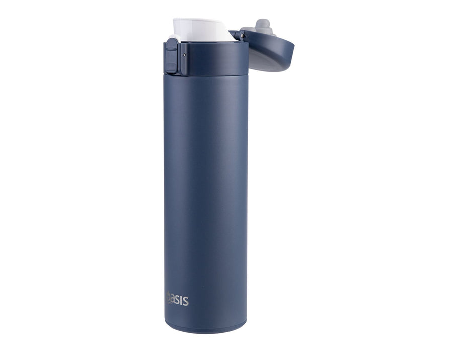 Oasis 480ml Insulated Flip-Top Flask - A drink bottle with a flip-top lid, featuring a matte navy exterior and a logo on the side.