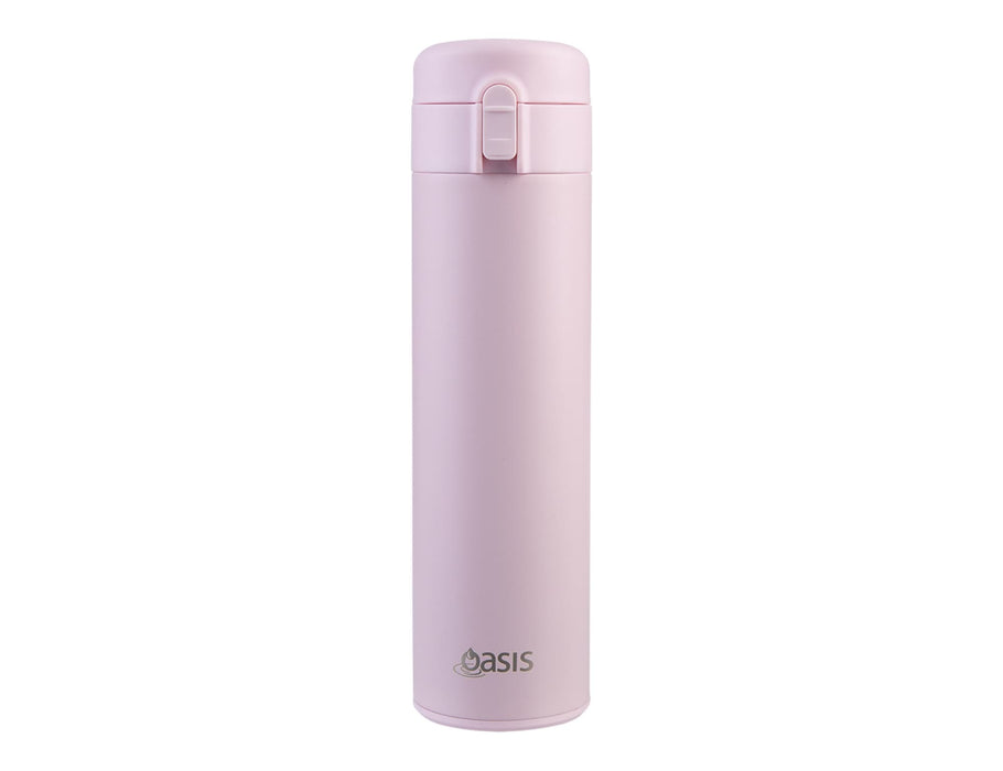 Oasis 480ml Insulated Flip-Top Flask - A drink bottle with a flip-top lid, featuring a smooth pink exterior and a logo on the front.