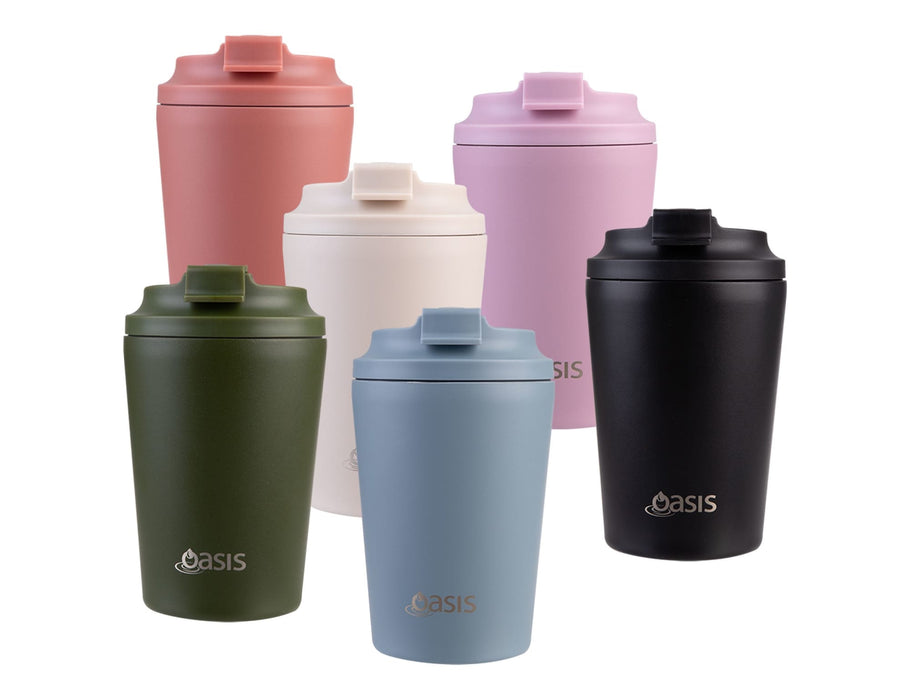 Oasis Ceramic Lined 360ml Insulated Coffee Cup - A drink bottle collection featuring six insulated coffee cups in pink, black, white, blue, green, and terracotta, each with a lid and branding.