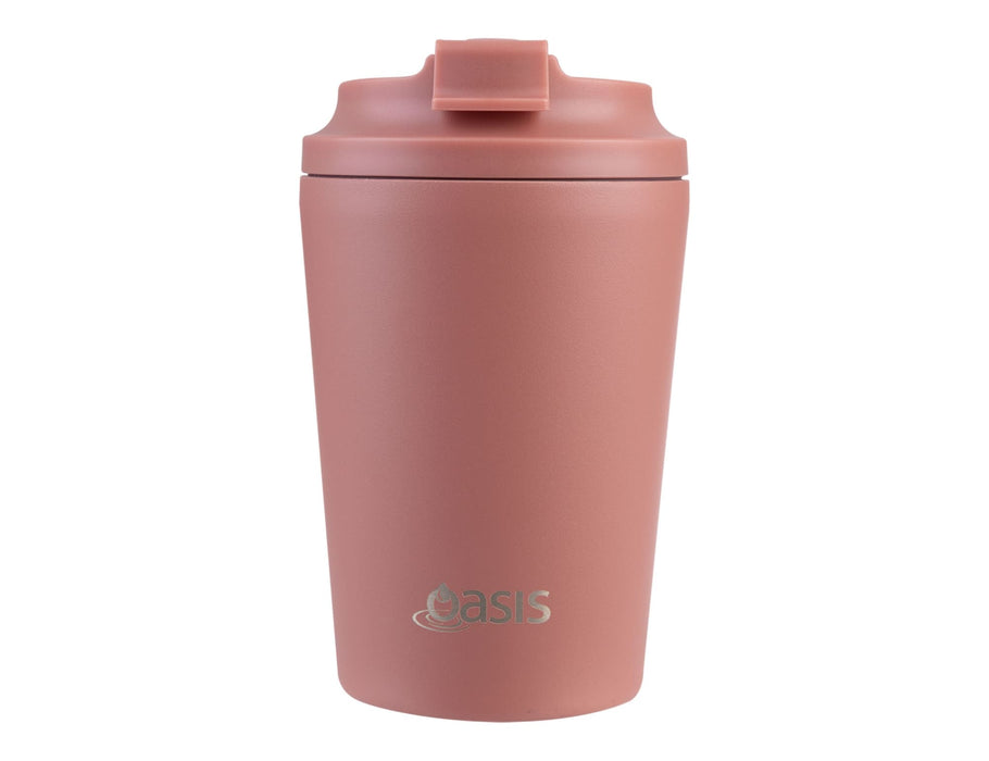Oasis Ceramic Lined 360ml Insulated Coffee Cup - A ceramic-lined insulated coffee cup in a soft pink colour with a lid and a logo.