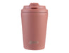 Oasis Ceramic Lined 360ml Insulated Coffee Cup - A ceramic-lined insulated coffee cup in a soft pink colour with a lid and a logo.