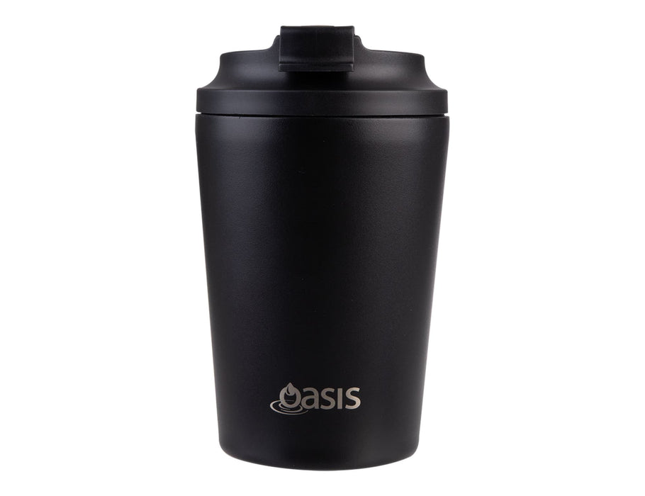 Oasis Ceramic Lined 360ml Insulated Coffee Cup - A drink bottle, black in colour, with a ceramic lining and a lid, featuring a logo on the front.