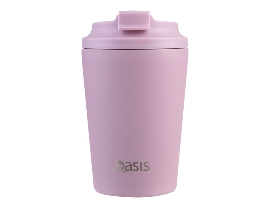 Oasis Ceramic Lined 360ml Insulated Coffee Cup - A pink insulated coffee cup with a ceramic lining and a lid, featuring a logo on the front.
