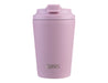 Oasis Ceramic Lined 360ml Insulated Coffee Cup - A pink insulated coffee cup with a ceramic lining and a lid, featuring a logo on the front.