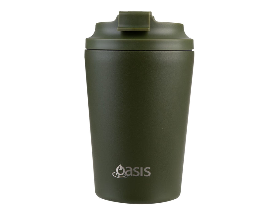 Oasis Ceramic Lined 360ml Insulated Coffee Cup - An insulated coffee cup in olive green with a lid, featuring a branding logo on the front.