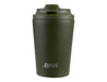 Oasis Ceramic Lined 360ml Insulated Coffee Cup - An insulated coffee cup in olive green with a lid, featuring a branding logo on the front.