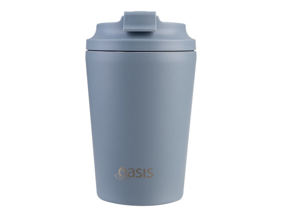 Oasis Ceramic Lined 360ml Insulated Coffee Cup - A drink bottle in a muted blue shade with a lid and an embossed logo on the front.