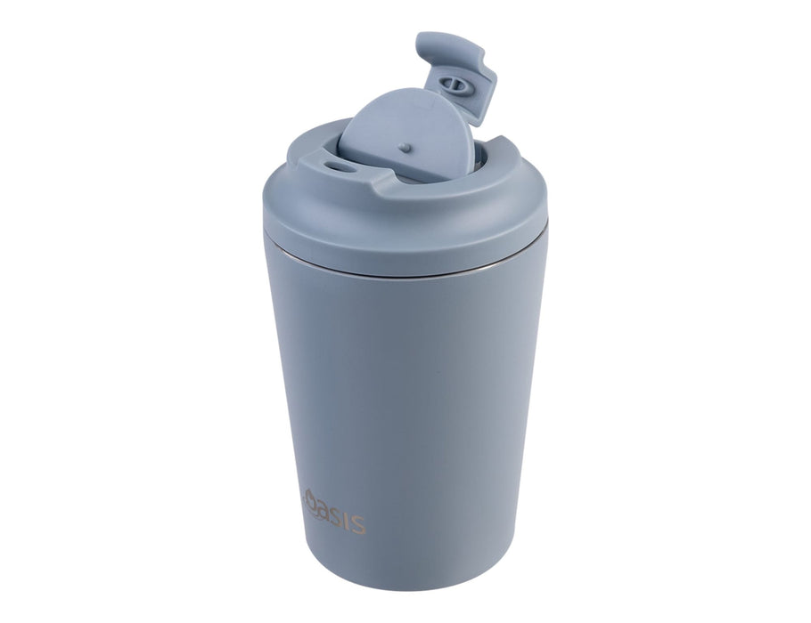 Oasis Ceramic Lined 360ml Insulated Coffee Cup - A drink bottle in light blue with a spill-proof lid and a logo, featuring a ceramic lining for insulation.