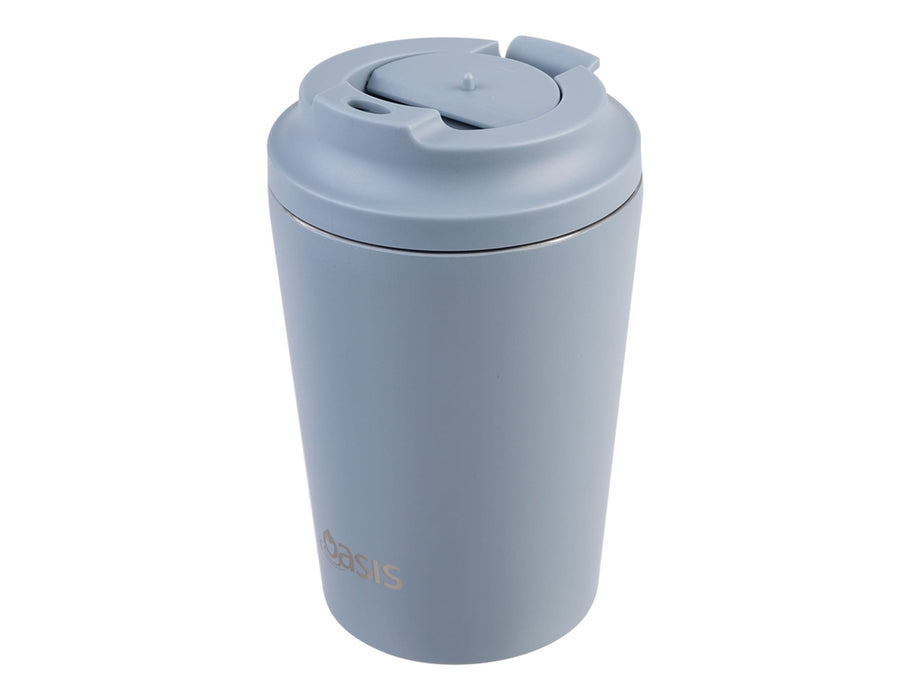 Oasis Ceramic Lined 360ml Insulated Coffee Cup - A drink bottle in a light blue finish with a ceramic lining and a secure lid, featuring a logo.
