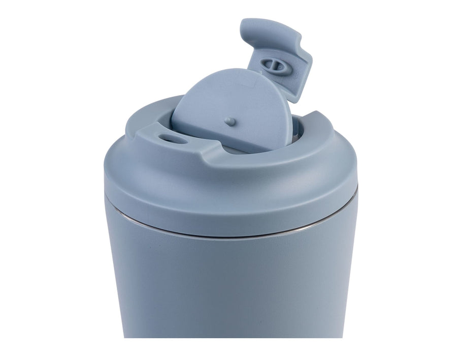 Oasis Ceramic Lined 360ml Insulated Coffee Cup - A drink bottle features a light blue ceramic-lined exterior and a flip-top lid with a drinking spout, along with a logo.