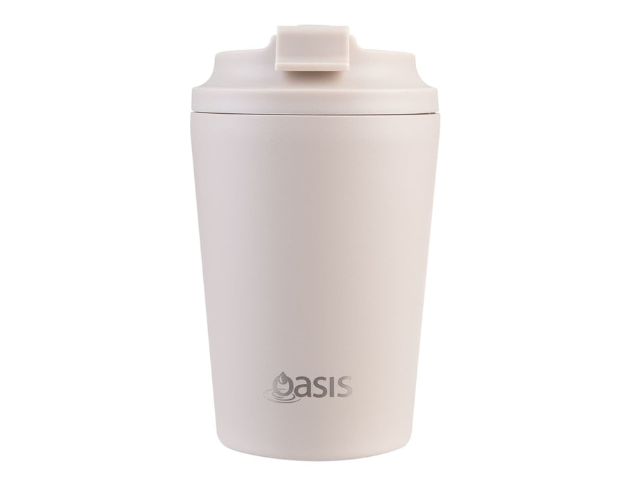 Oasis Ceramic Lined 360ml Insulated Coffee Cup - A drink bottle in a soft beige colour with a lid and a branding logo on the front.