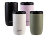 Oasis 300ml Insulated Leakproof Travel Cup - A drink bottle set featuring four insulated travel cups in black, pale pink, white, and olive green, each with a logo.