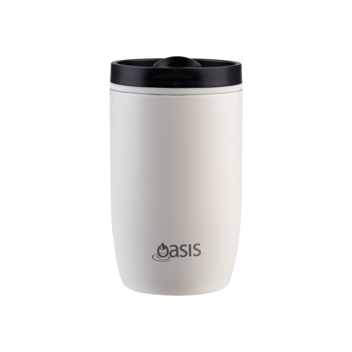 Oasis 300ml Insulated Leakproof Travel Cup - A drink bottle in white with a black lid and a logo, designed for insulated travel use.