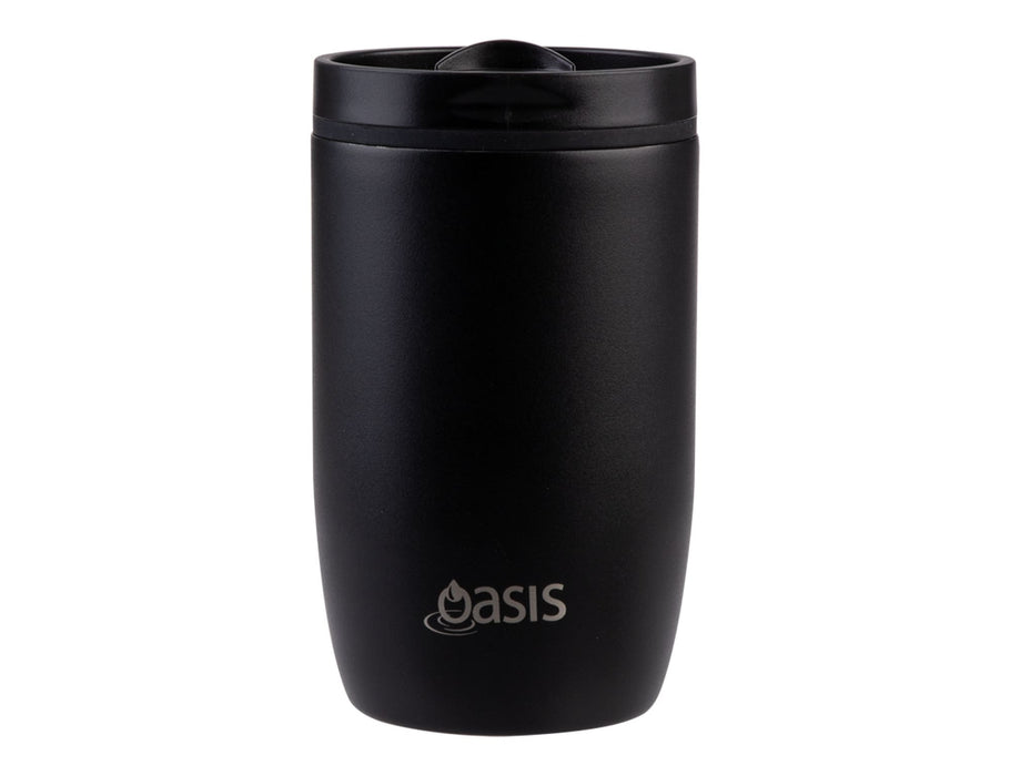 Oasis 300ml Insulated Leakproof Travel Cup - A drink bottle in matte black with a lid, featuring an insulated design and a branding logo.