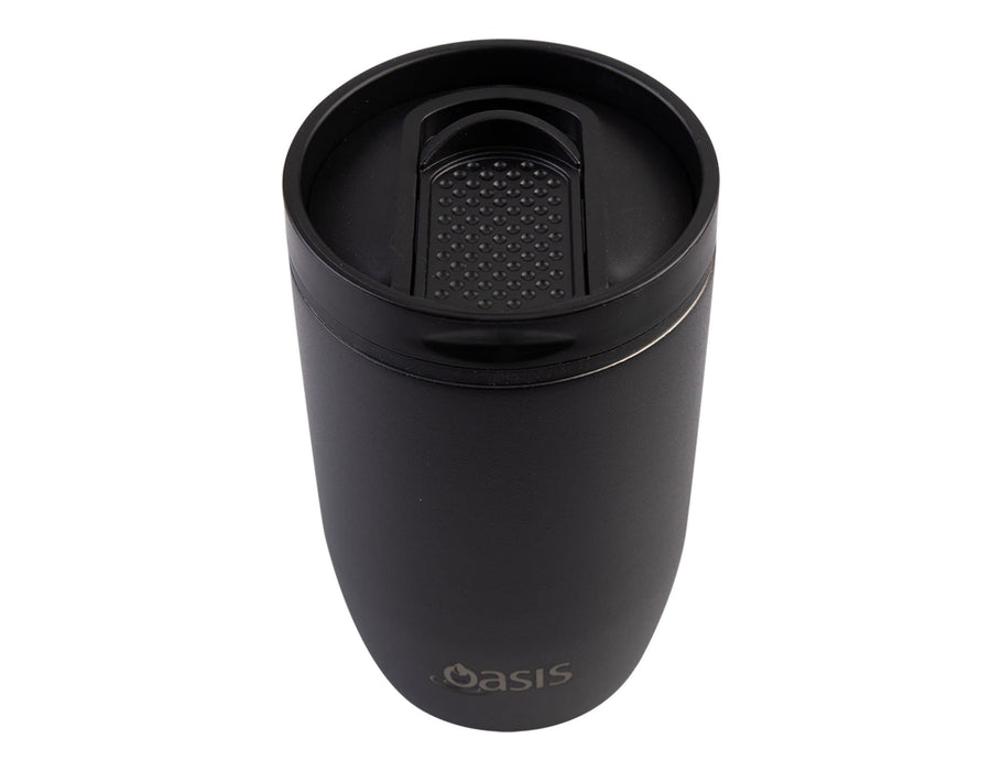 Oasis 300ml Insulated Leakproof Travel Cup - A drink bottle in sleek black, featuring a leakproof lid and a brand logo on the front. Ideal for travel.