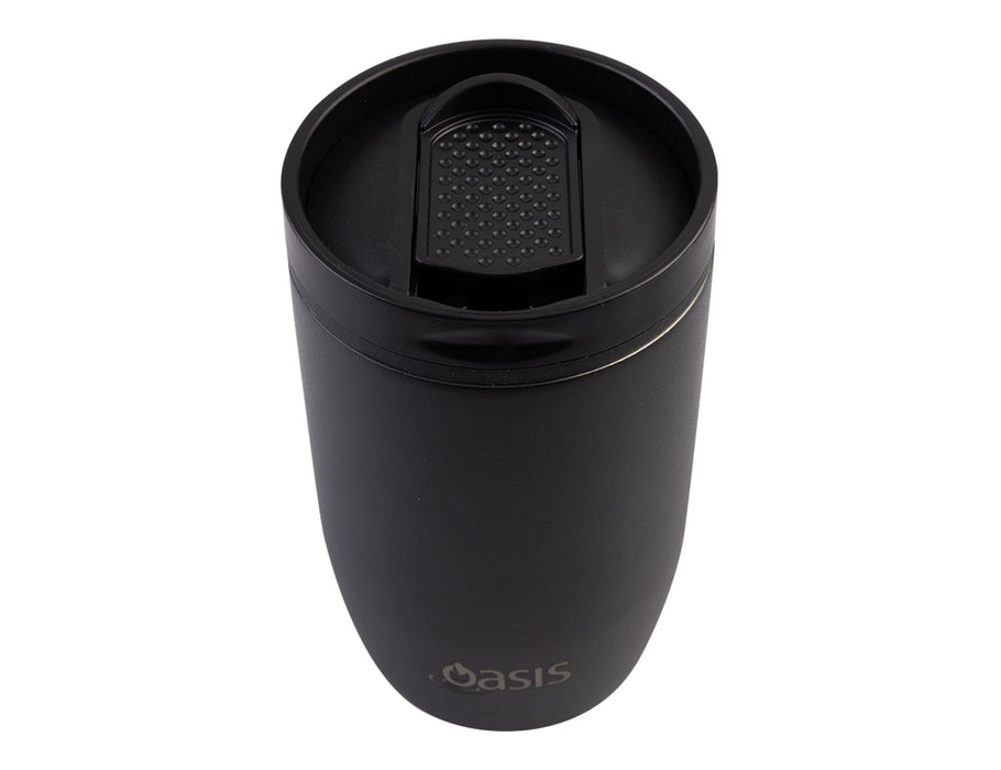 Oasis 300ml Insulated Leakproof Travel Cup - A drink bottle in matte black with an insulated design and a leakproof lid, featuring a logo.