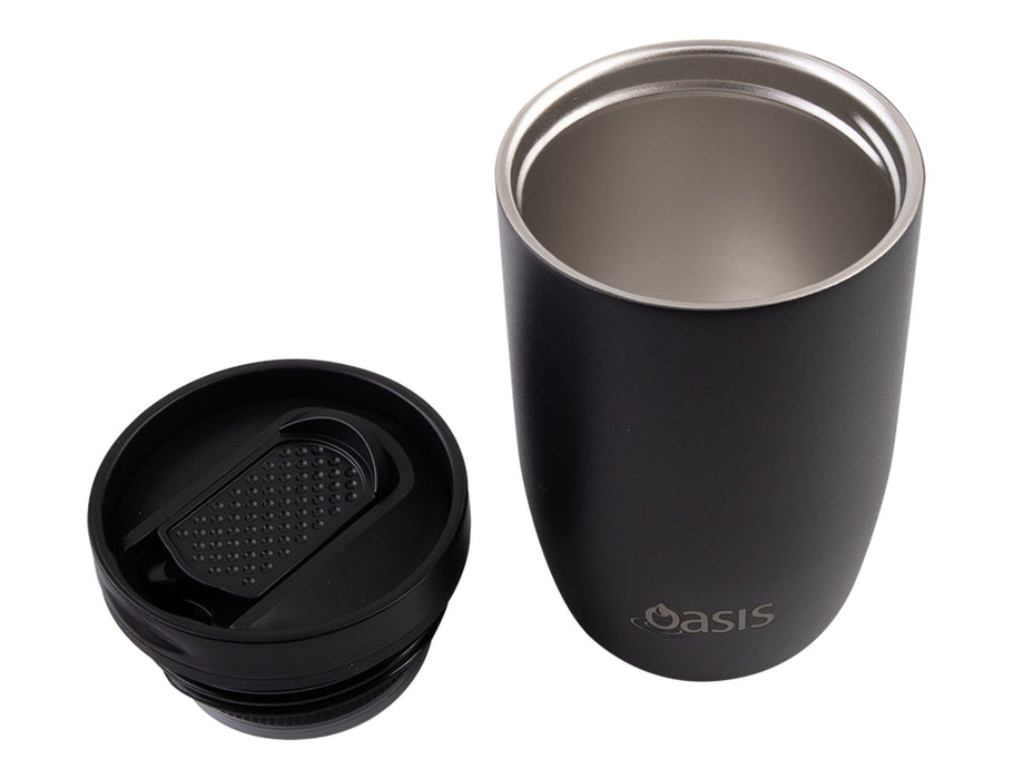 Oasis 300ml Insulated Leakproof Travel Cup - A drink bottle featuring a black insulated design, with a removable leakproof lid and a stainless steel interior.